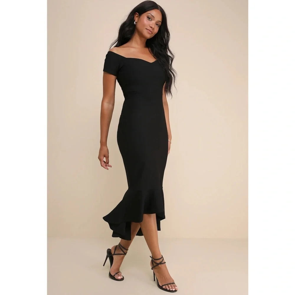 NWOT Lulu’s How Much I Care Black Off-the-Shoulder Midi Dress Medium Bodycon